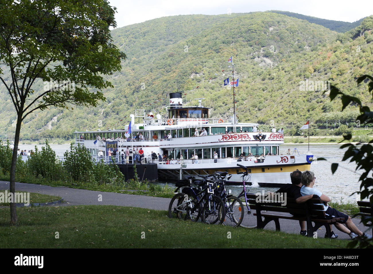 Nave passeggeri, jetty, Bacharach, Reno, Renania-Palatinato, Germania Foto Stock