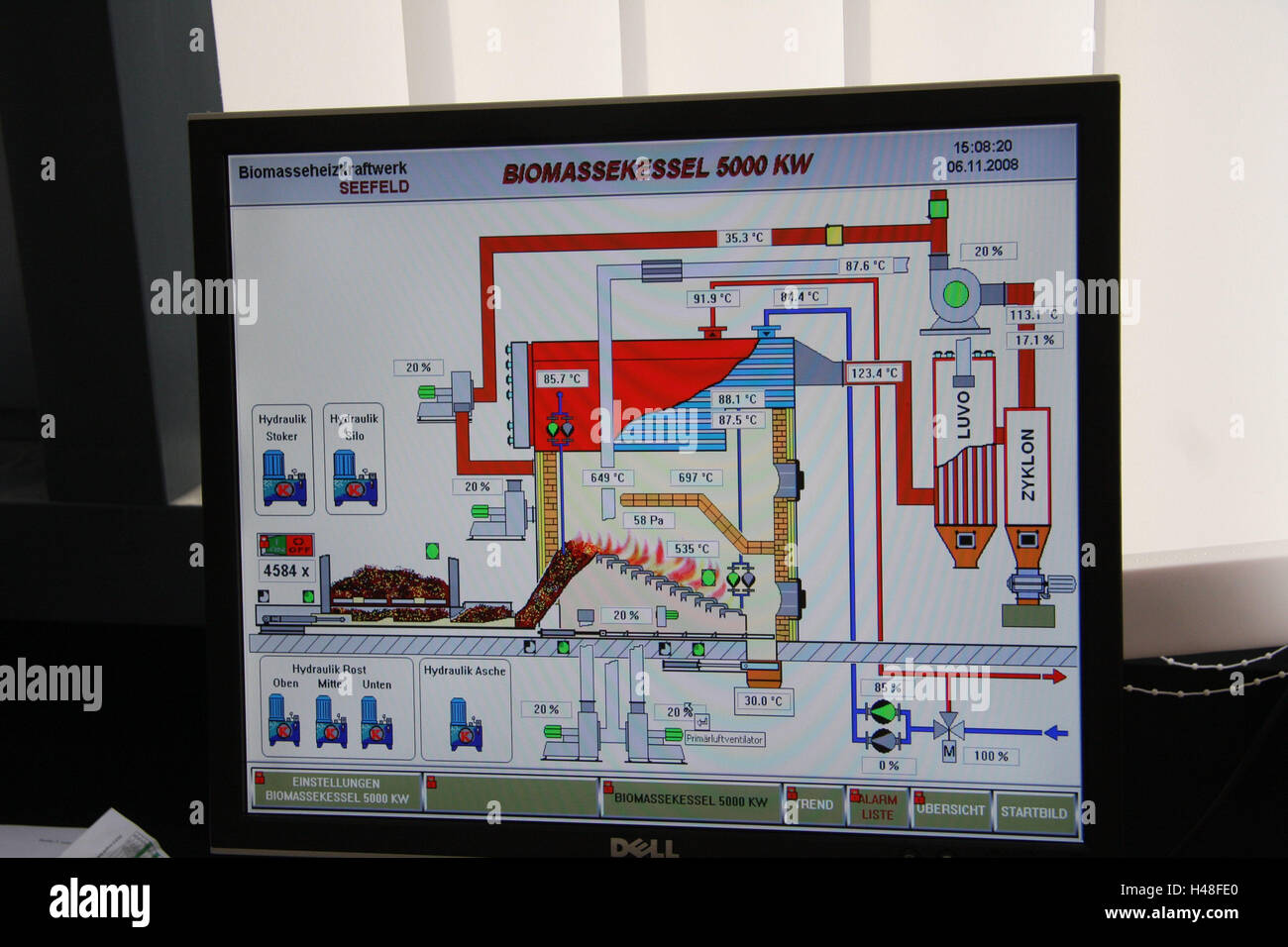 Display, rappresentazione, schematicamente, caldaia a biomassa, medium close-up, Austria, Tirolo, campo di mare, la biomassa power station, biomassa, stazione di potenza, la bioenergia, rispettosi dell'ambiente, le spese di riscaldamento, il calore locale progetto, il calore locale rete, biologicamente, ecologicamente, impianto di riscaldamento, grafica, all'interno, installazione di impianti di riscaldamento, esecuzione, fotografia del prodotto, dettaglio, schizzo, biomassa, piano, funzioni, impostazioni Foto Stock