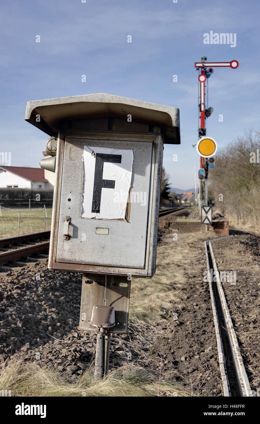 Linea ferroviaria, box, via, segnali, Foto Stock