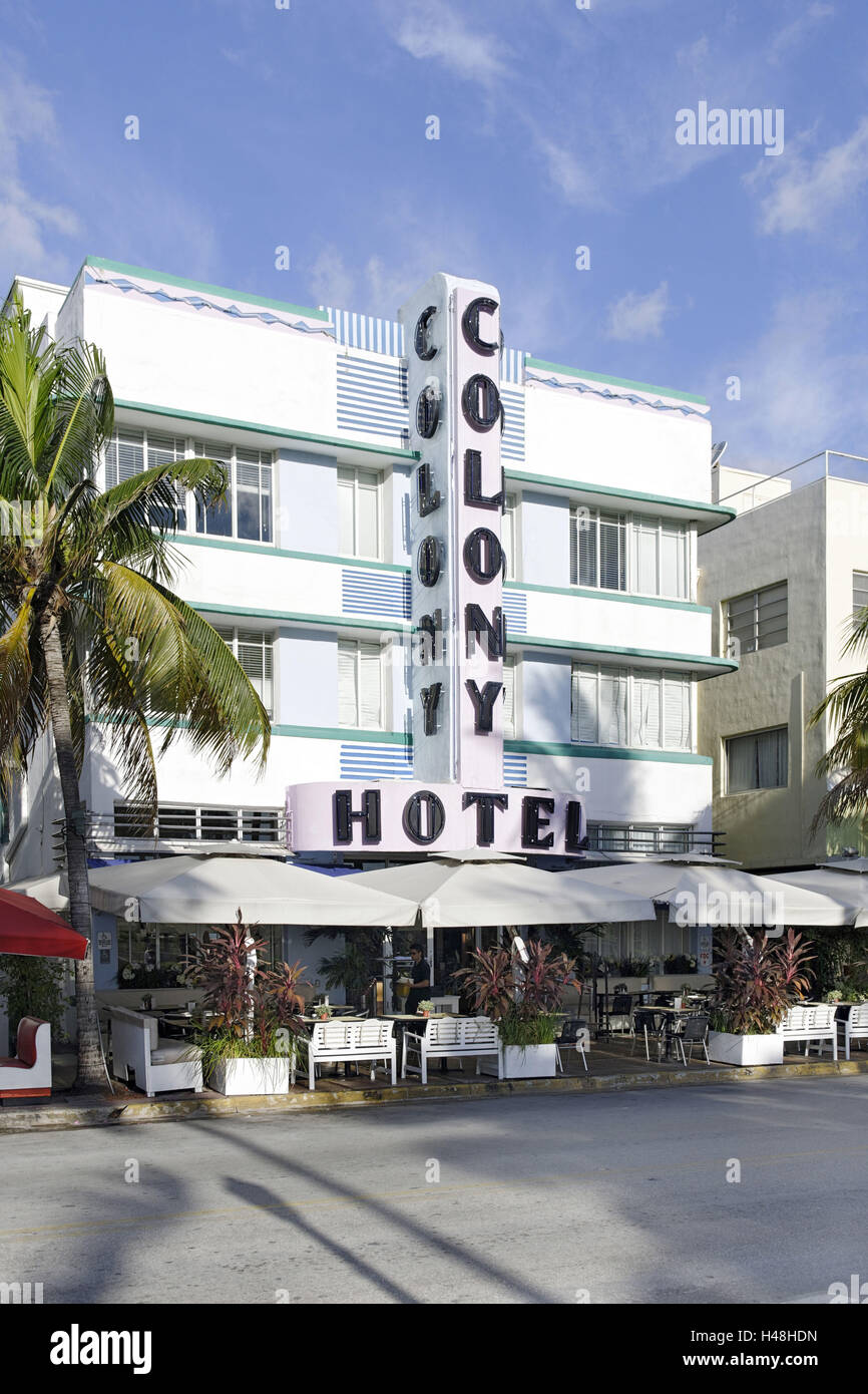 Hotel Colony, facciata Art Deco hotel, Ocean Drive e South Beach di Miami, Art Deco District, Florida, STATI UNITI D'AMERICA, Foto Stock
