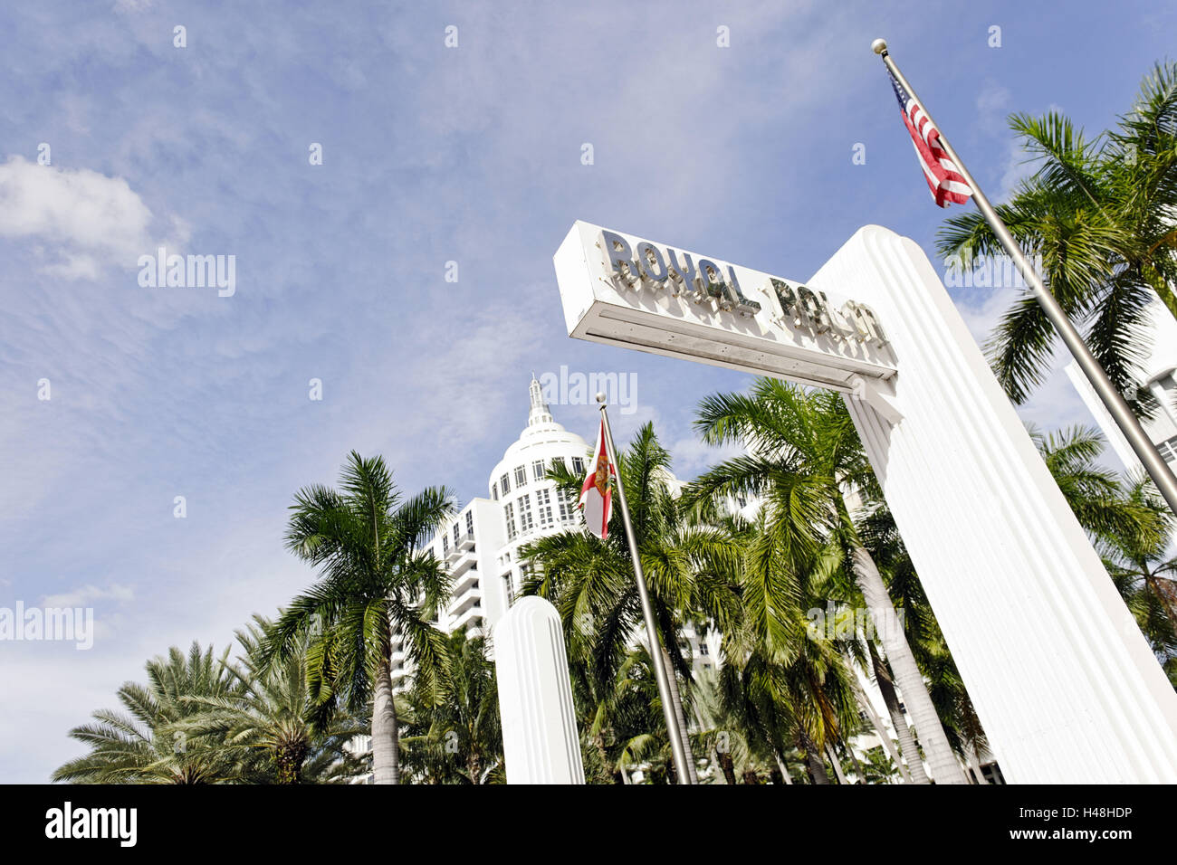 Segno 'Royal Palm' Collins Street, South Beach di Miami, Art Deco District, Florida, STATI UNITI D'AMERICA, Foto Stock