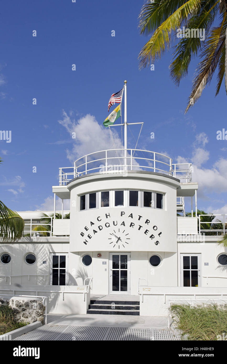 Spiaggia sede Patrol, Lummus park, Ocean Terrace, South Beach di Miami, tipo di quartiere Art Deco, Florida, STATI UNITI D'AMERICA, Foto Stock