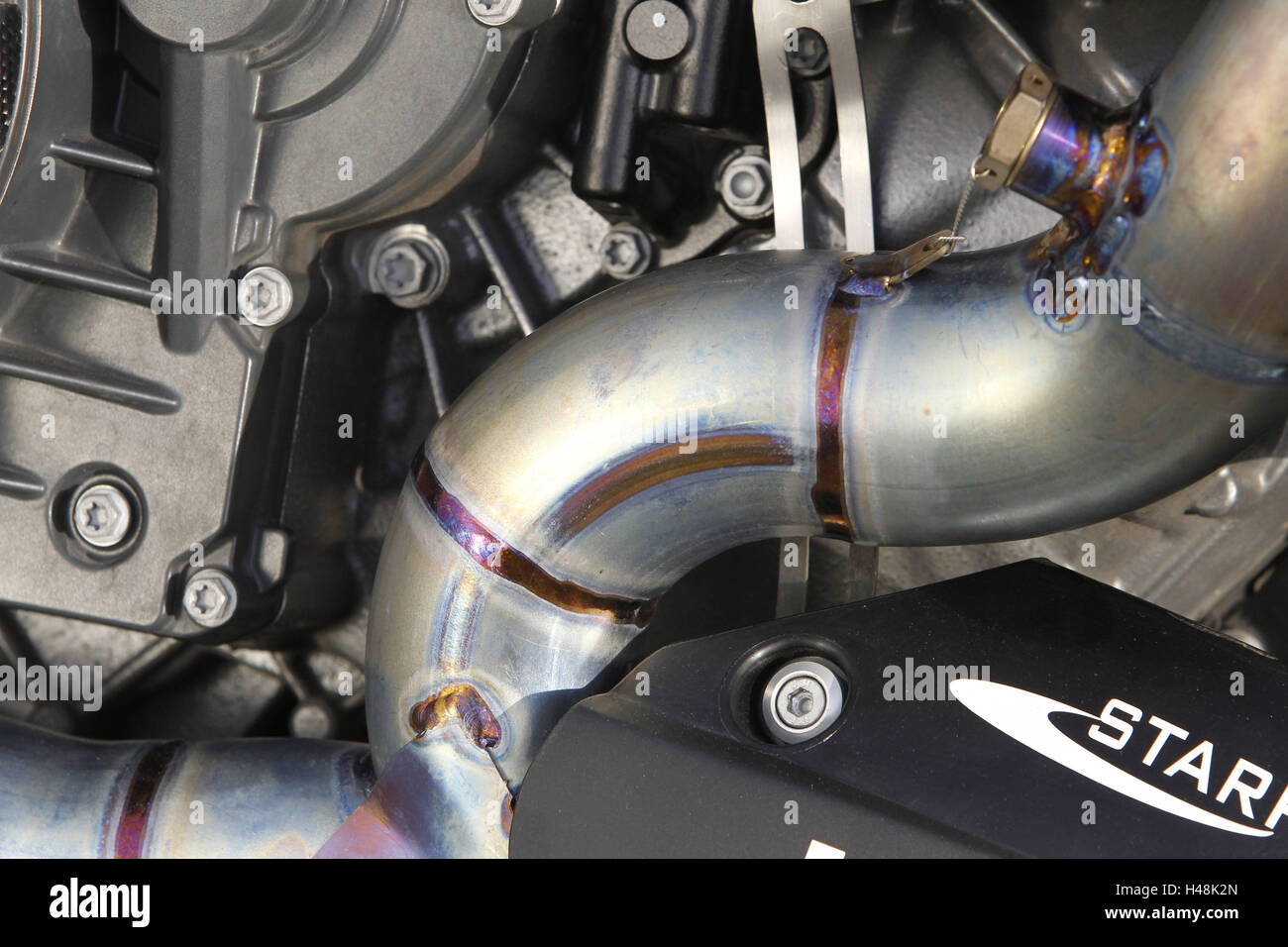 Motociclo, dettaglio, scarichi Akrapovic, acciaio inossidabile Foto Stock