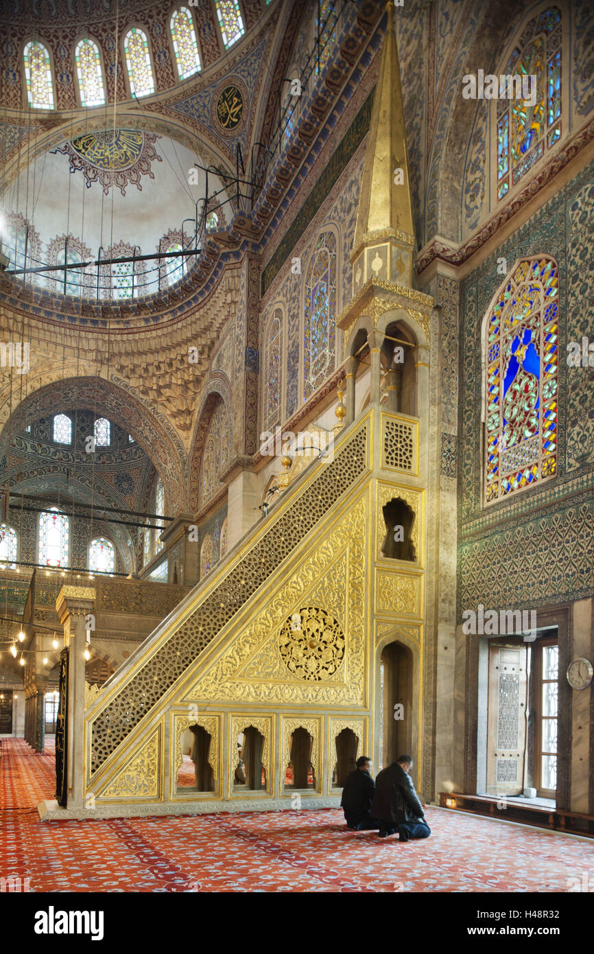 Turchia, Istanbul, Sultanahmed, Sultan-Ahmet-Camii, Moschea blu all'interno, sermone pulpito, minbar, Foto Stock