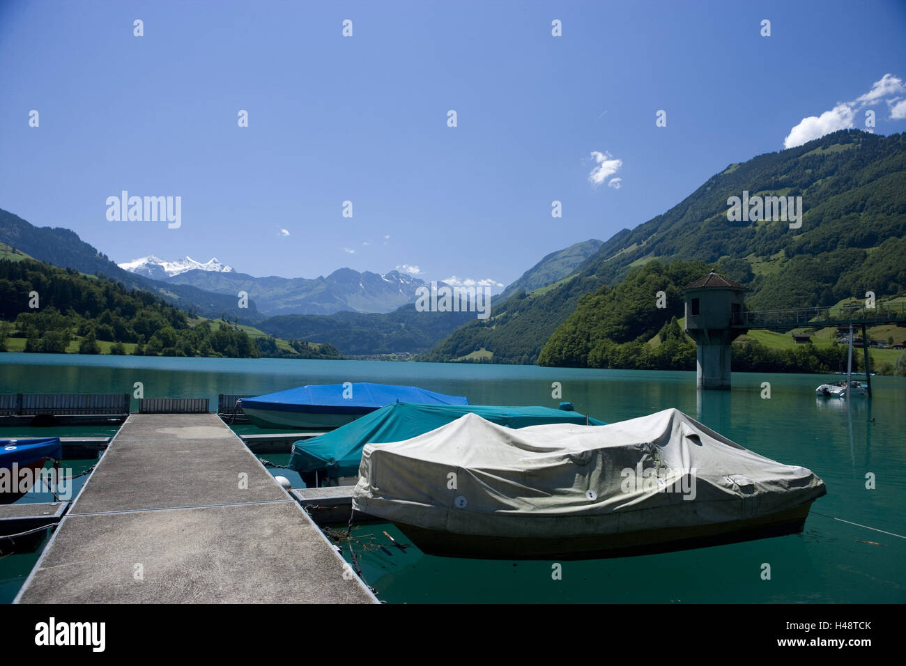 La Svizzera, Sarnen, Sarnersee, porto, pontile, Vista Eiger, monaco, vergine, Foto Stock