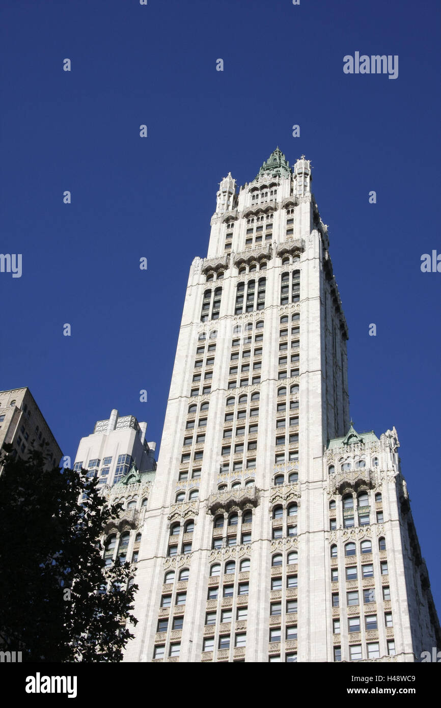 Gli Stati Uniti, New York City, Woolworth Building, dettaglio, America del Nord, paese, città, città cosmopolita metropoli, Building, edificio di uffici, struttura, architettura, luogo di interesse, destinazione, turismo, alto, Centro Finanziario Mondiale, facciata, Foto Stock