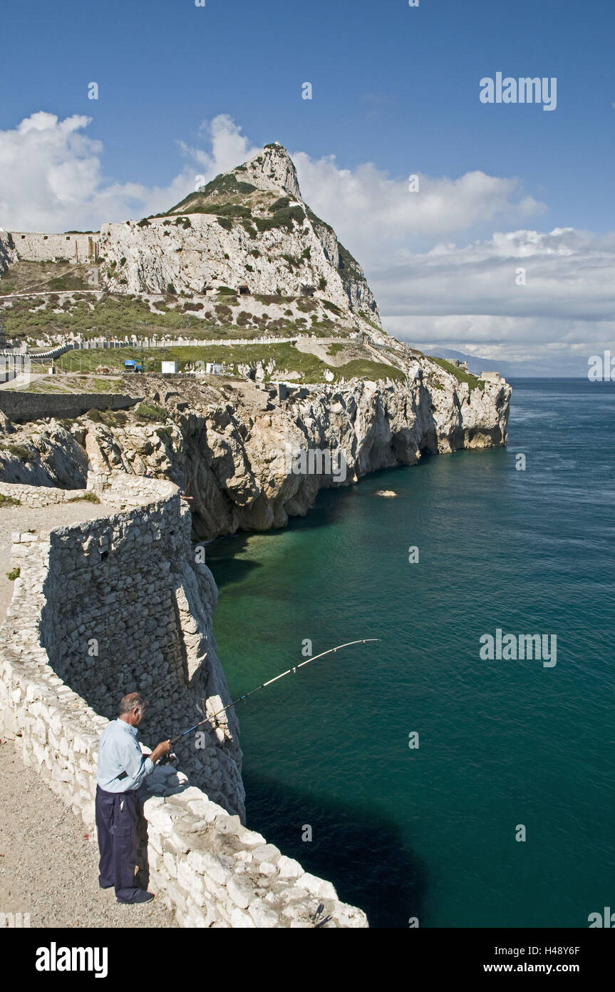 Gibraltar, Gibraltar rock, costa, mare, pescatore, Foto Stock