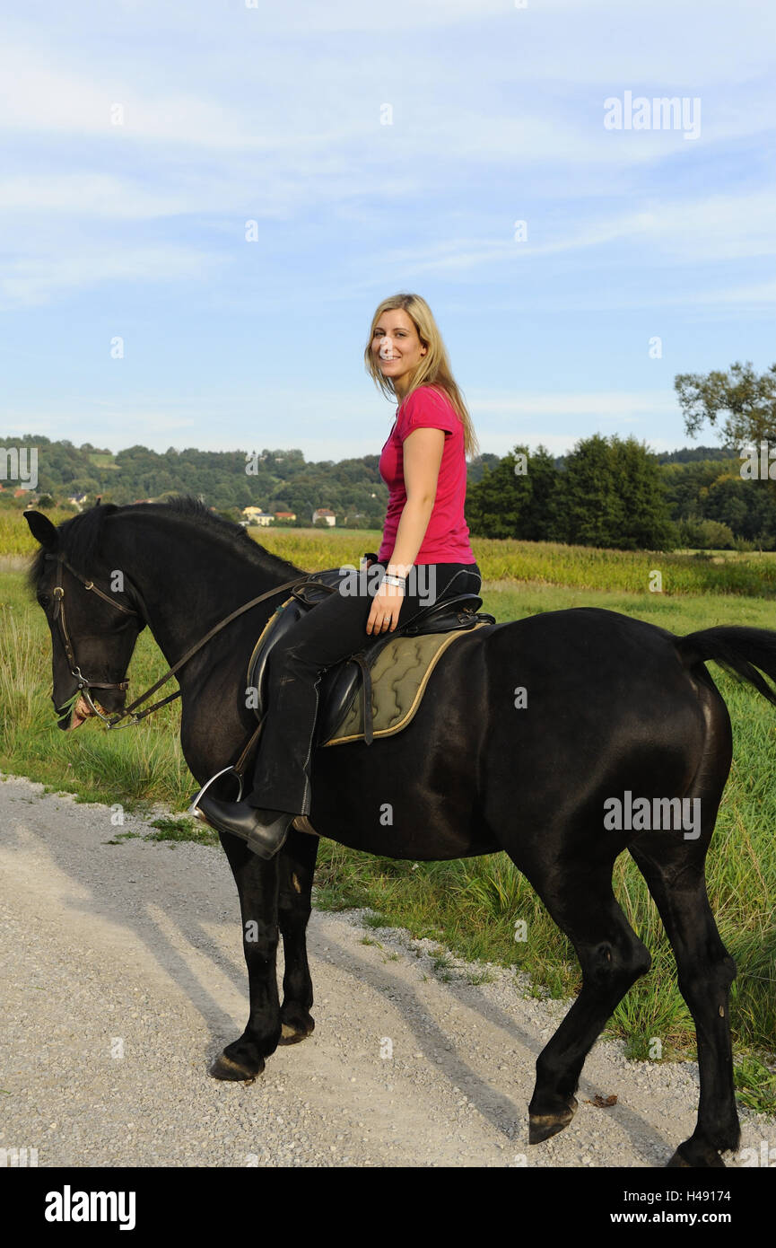 Rider, cavallo, retro, sedersi, visualizza fotocamera, Foto Stock