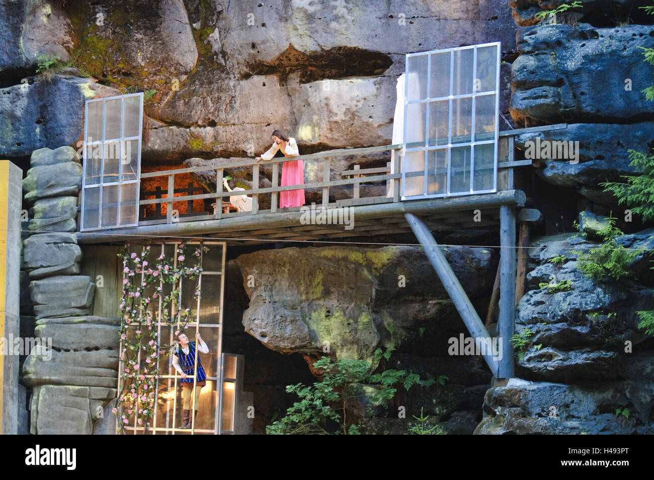 Open Air Theatre, rock set cinematografico Rathen, prestazioni "Romeo e Giulietta" della terra i set cinematografici Radebeul, Svizzera Sassone, Svizzera Sassone, Sassonia, Germania, Foto Stock