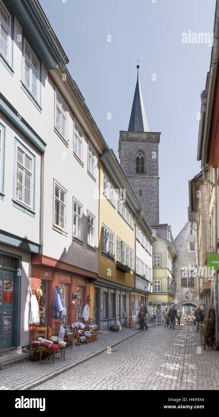 In Germania, in Turingia, Erfurt, street, case, Steeple, negozio di vendita al dettaglio, Foto Stock