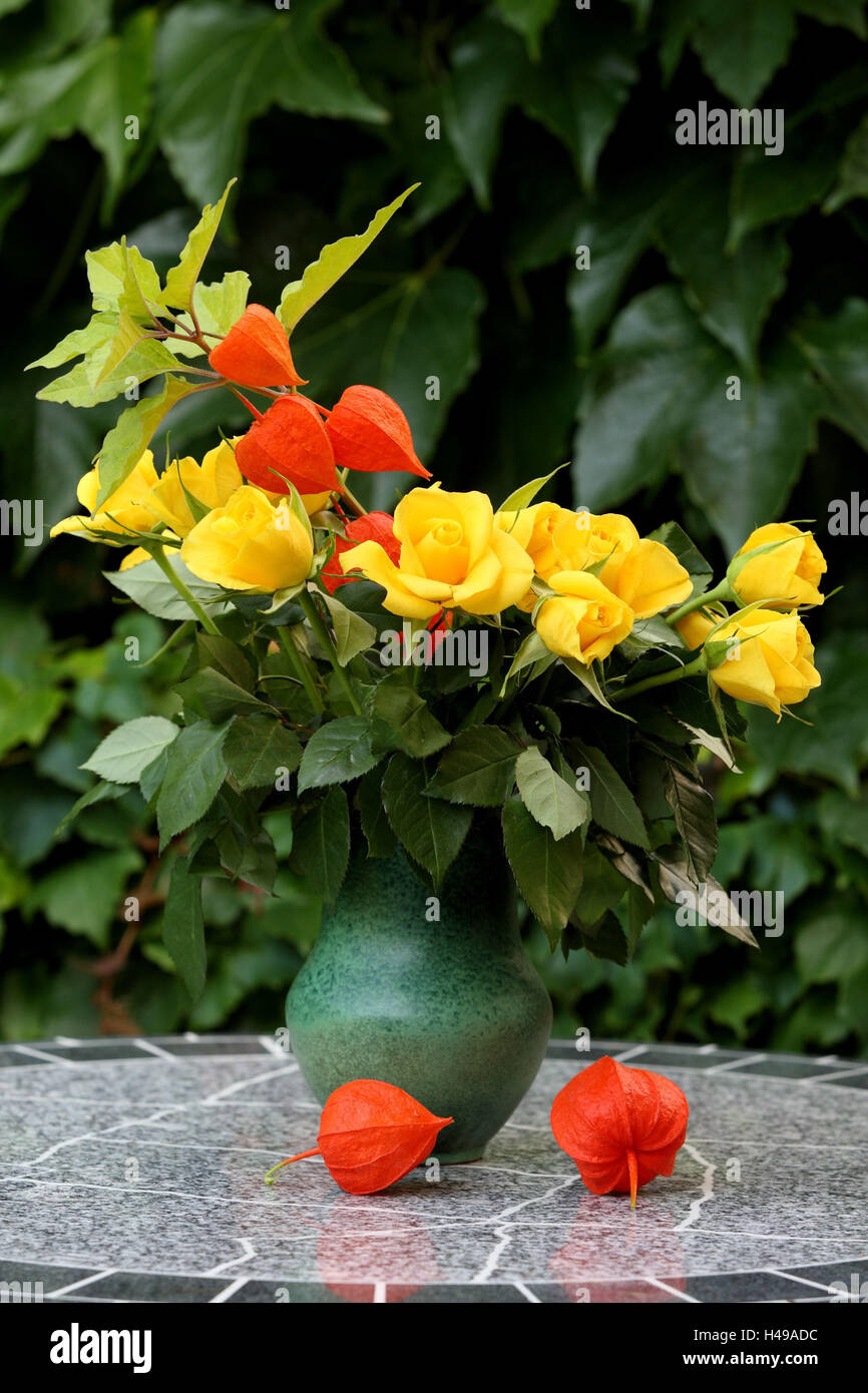 Giallo rose, lampion impianto, Vaso di fiori, Foto Stock