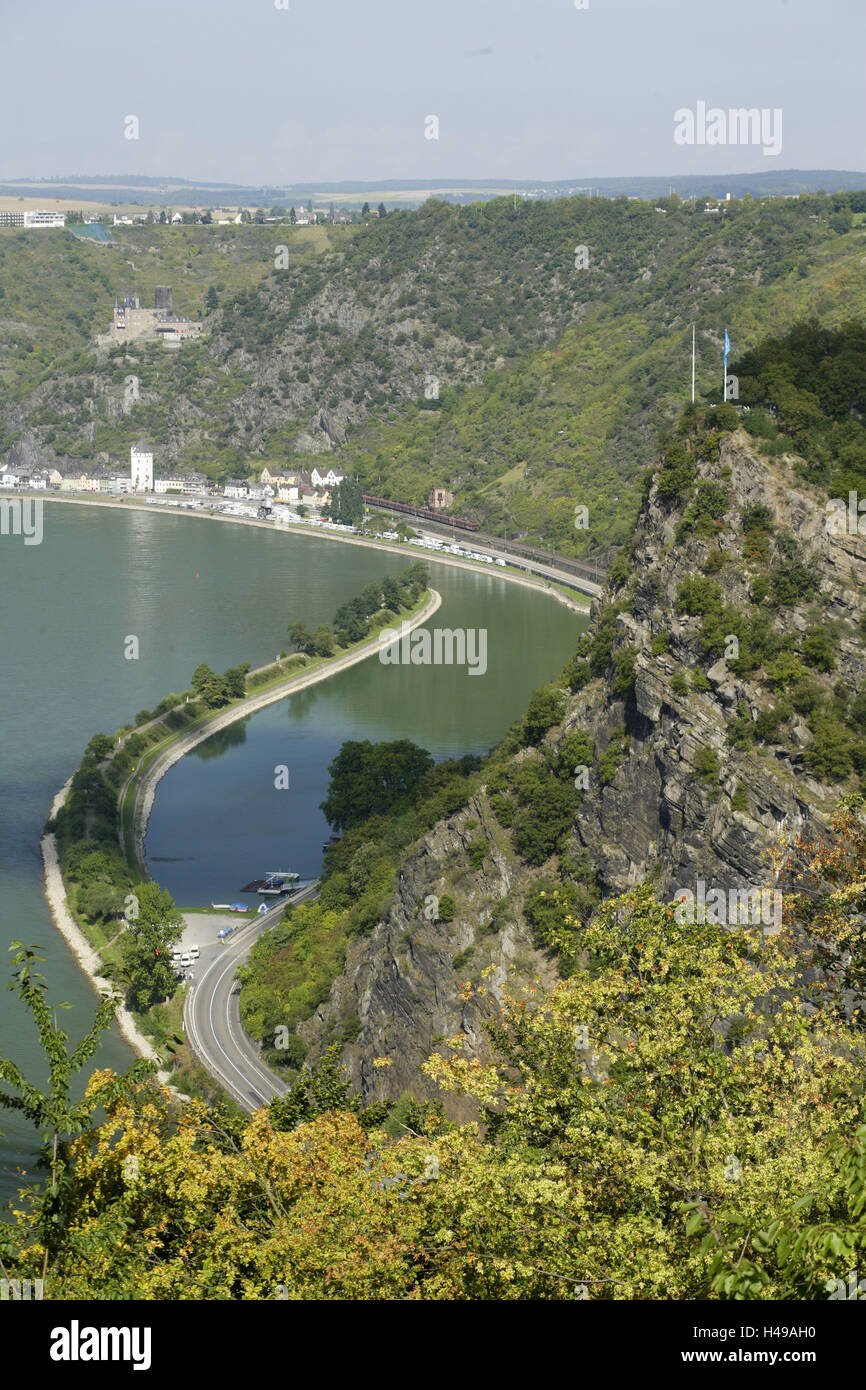 Loreley rocce, Loreley, nave passeggeri, Reno, Valle del Reno, Medio Reno, Renania-Palatinato, Germania Foto Stock