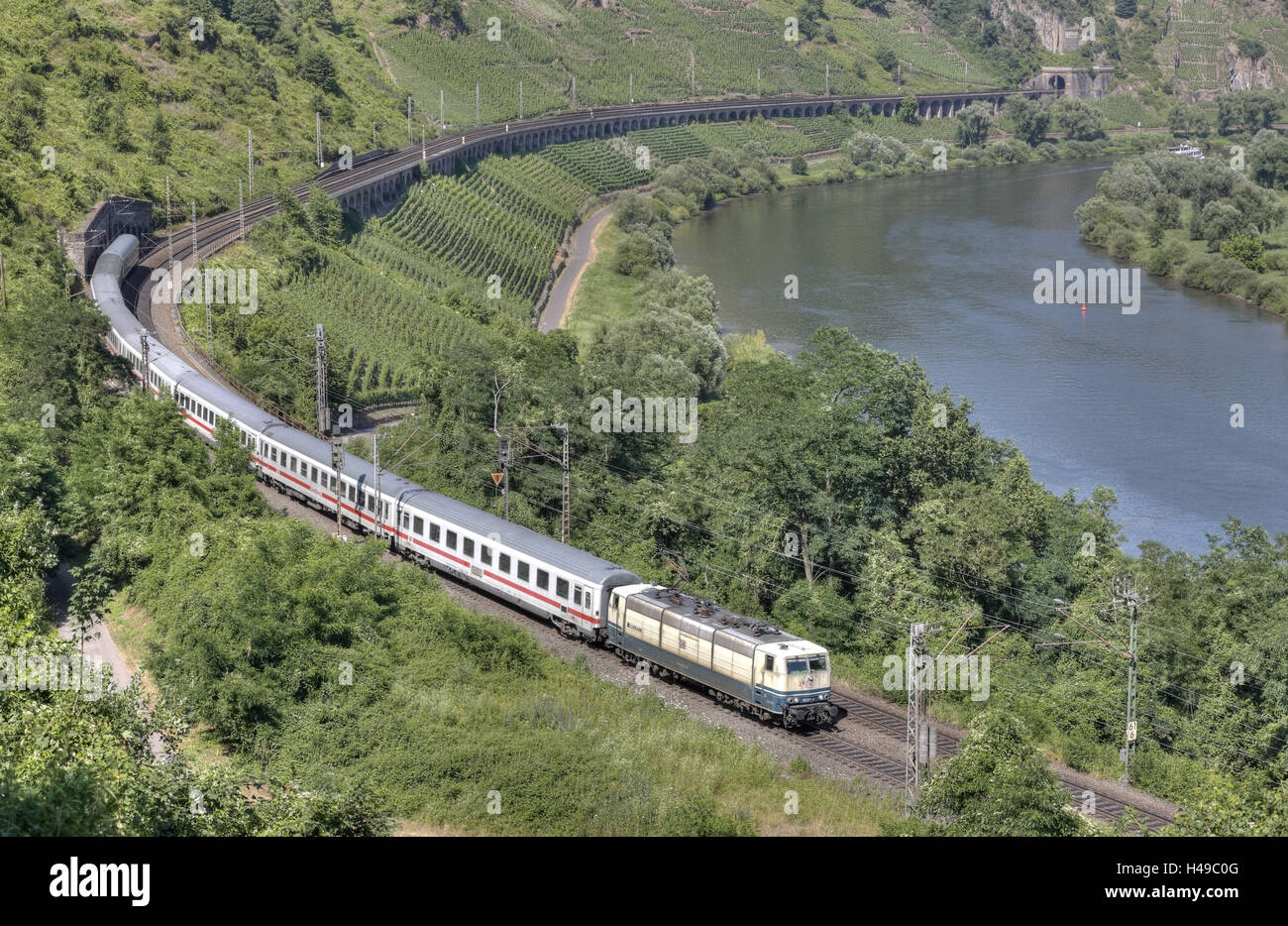 In Germania, in Renania Palatinato, Pünderich, la Mosella, fiume, treno, vigneti, inclinazione viadotto, Foto Stock