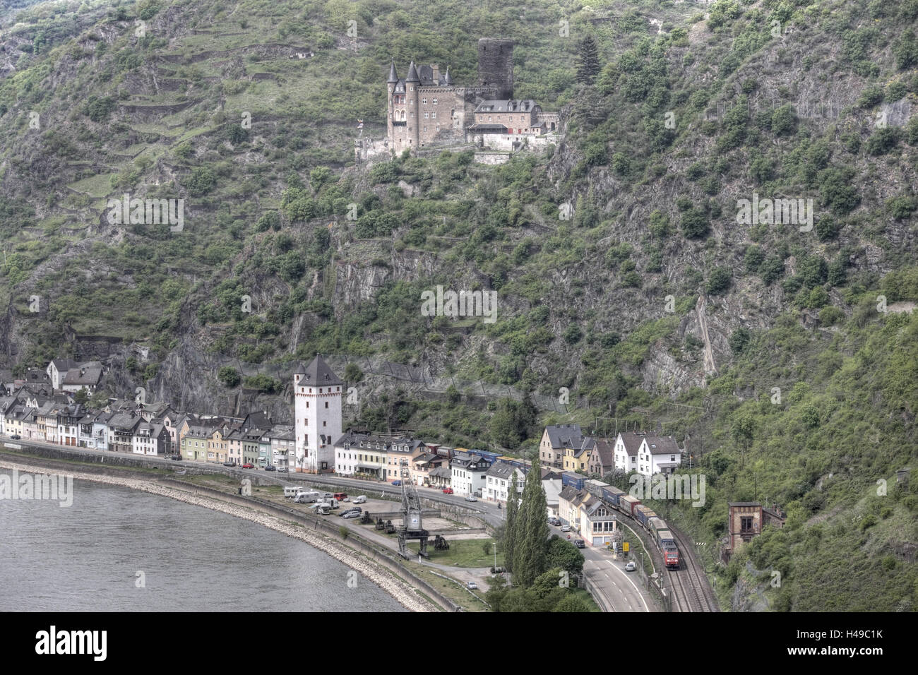 Castello, posto, fiume, treno merci montagna, rock, Foto Stock