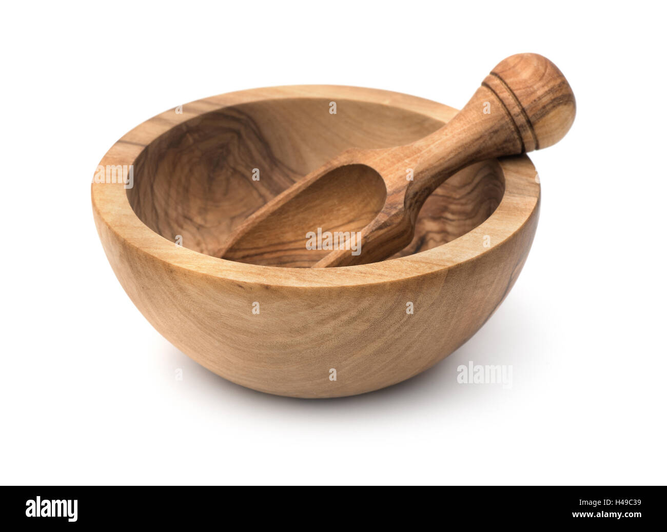 Vuoto ciotola di legno e scoop isolato su bianco Foto Stock