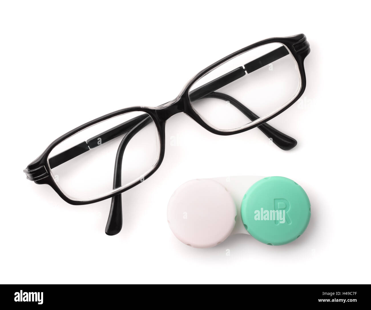 Vista dall'alto di occhiali e occhio lenti a contatto isolato su bianco Foto Stock