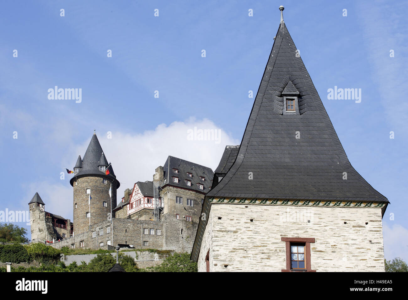 Castello angolo acciaio, Bacharach, Renania-Palatinato, Germania Foto Stock