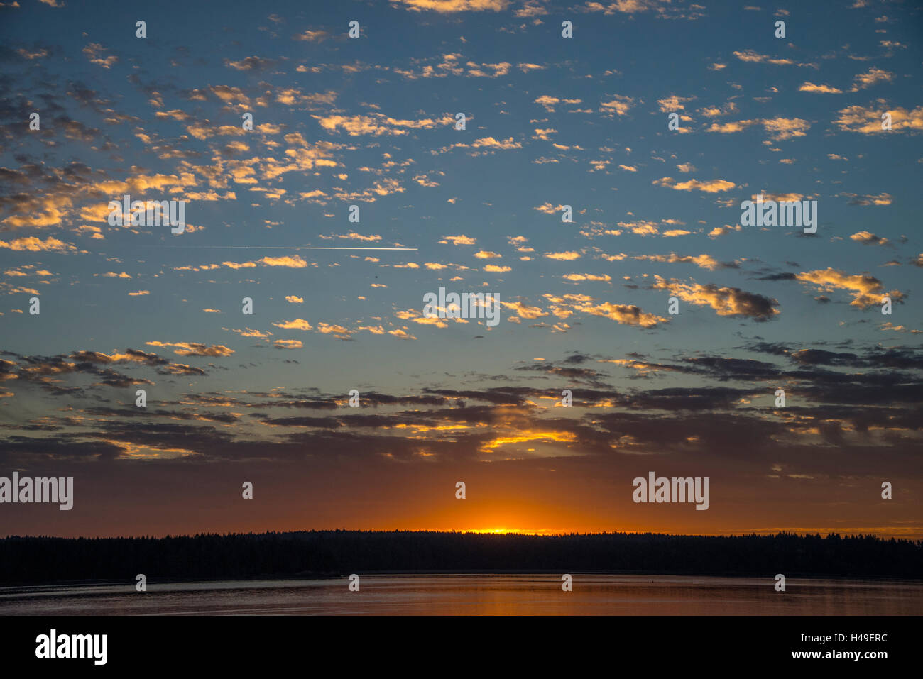 Sunrise colorati con scala di pesce nuvole sul Puget Sound, Stato di Washington Foto Stock