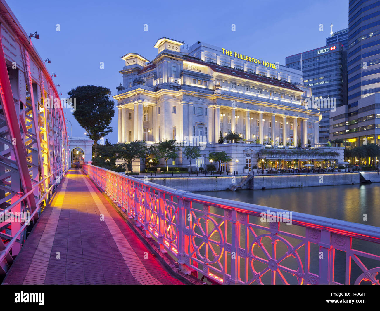 Anderson Bridge, Fullerton hotel, il distretto finanziario, Marina Bay, Singapore, Foto Stock