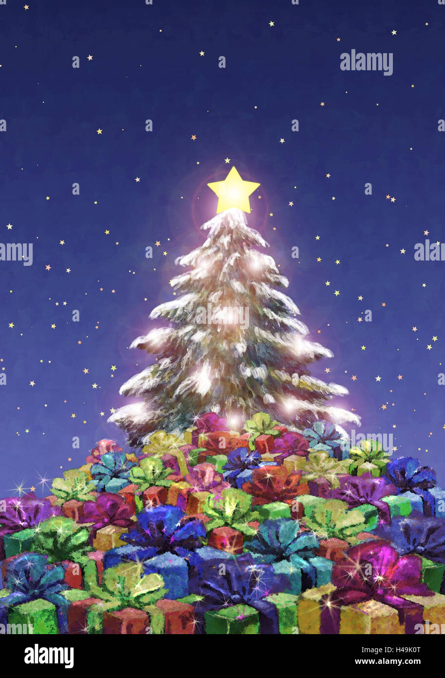 Illustrazione, albero di Natale, presenta, sera, abbonamento, pittura,  Natale, per Natale, invernale, neve, ALBERO DI NATALE, CHRISTMAS TREE,  molti, regali di Natale, pacchetti, luci luminose, a lume di candela,  illuminateds, notte notte