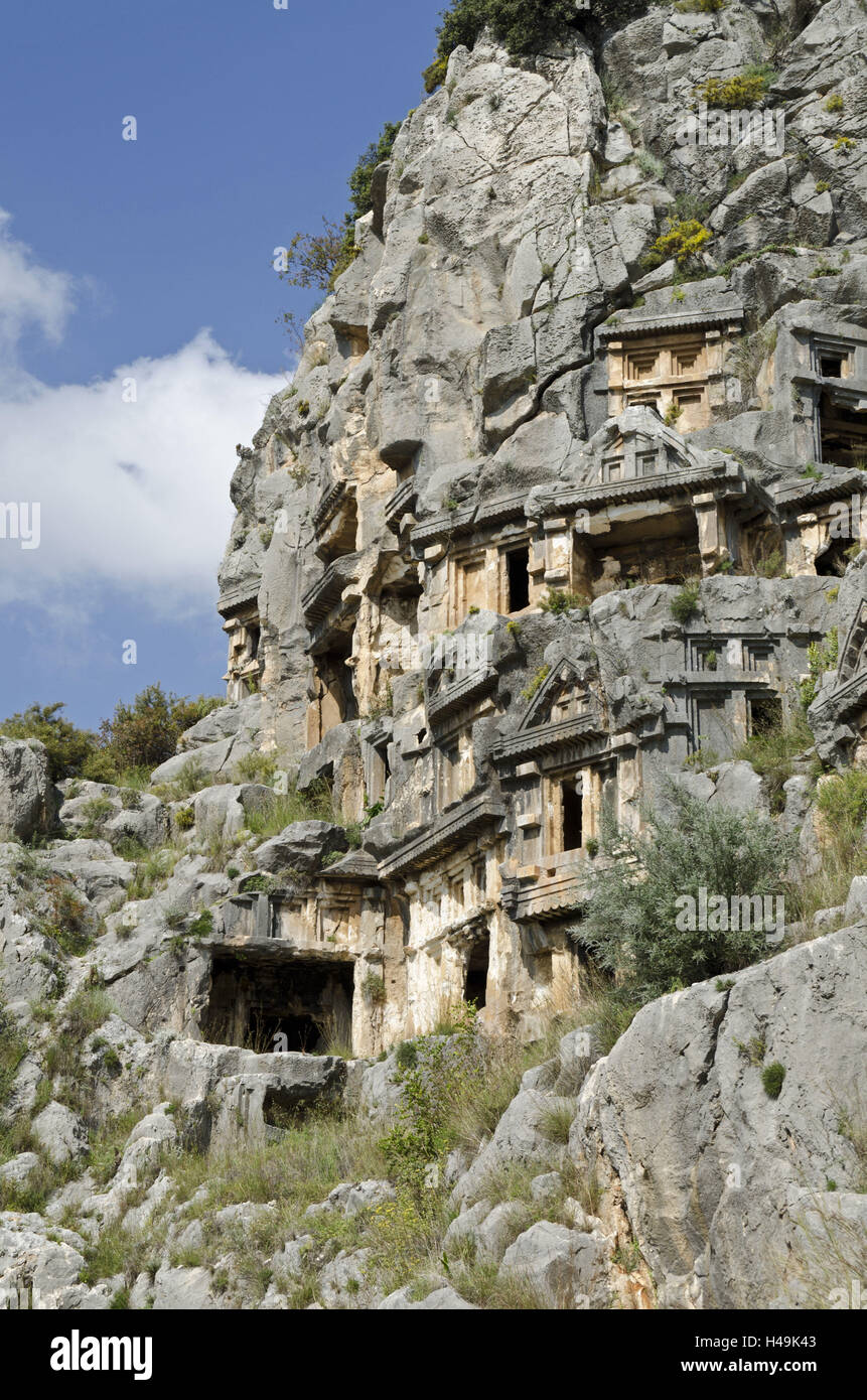 Turchia, costa sudovest, provincia di Antalya, MYRA, tombe di roccia, panorami di montagna, rock, tombe, tombe, antiquariato e lykisch, rocce, Foto Stock