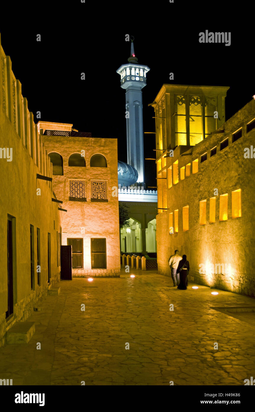 VAE, Dubai, Bastakiya, Heritage Village, lane, moschea, torri del vento, Foto Stock
