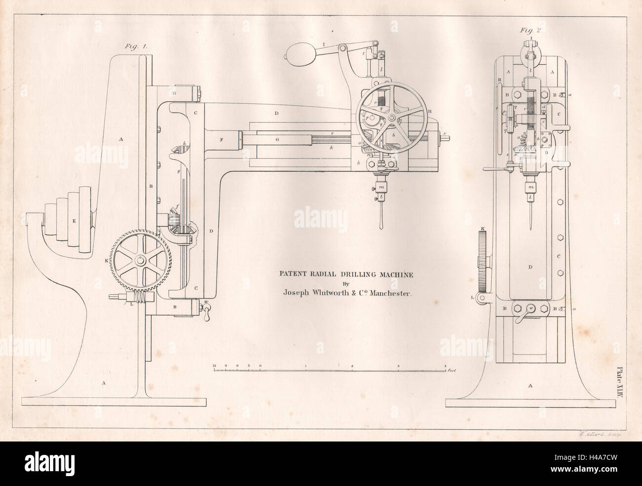 19C disegno tecnico. Il brevetto di perforazione radiale della macchina. Joseph Whitworth 1847 Foto Stock