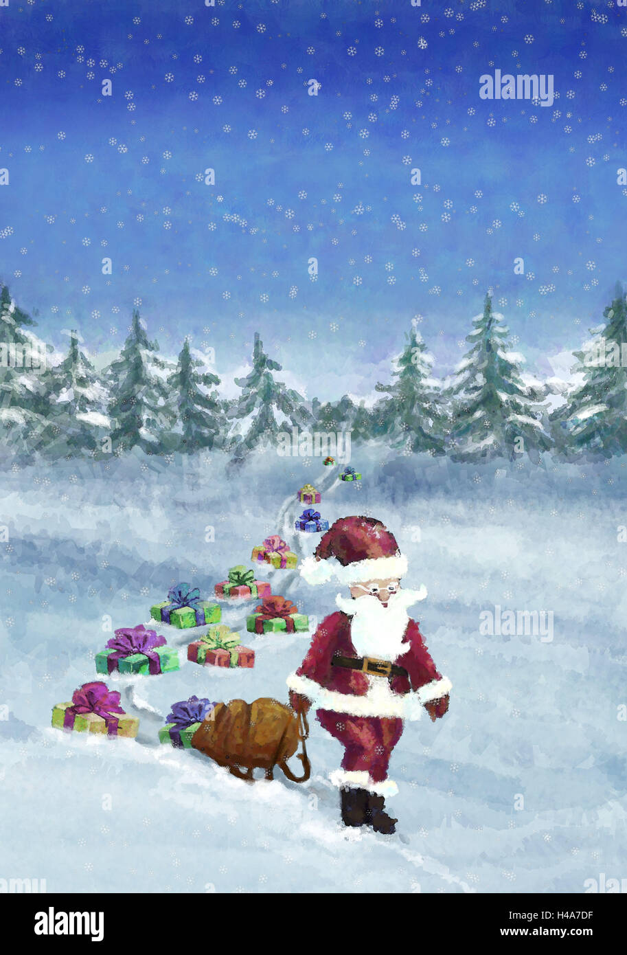 Illustrazione, legno, Santa Claus, scorrere, trascinare presenta, perdere, nevicava, abbonamento, pittura, Natale, per Natale, invernale, paesaggio invernale, legno invernale, alberi, scenario, il bordo della foresta, neve babbo natale, vai via, slitta via, custodia, aperto, pack Foto Stock