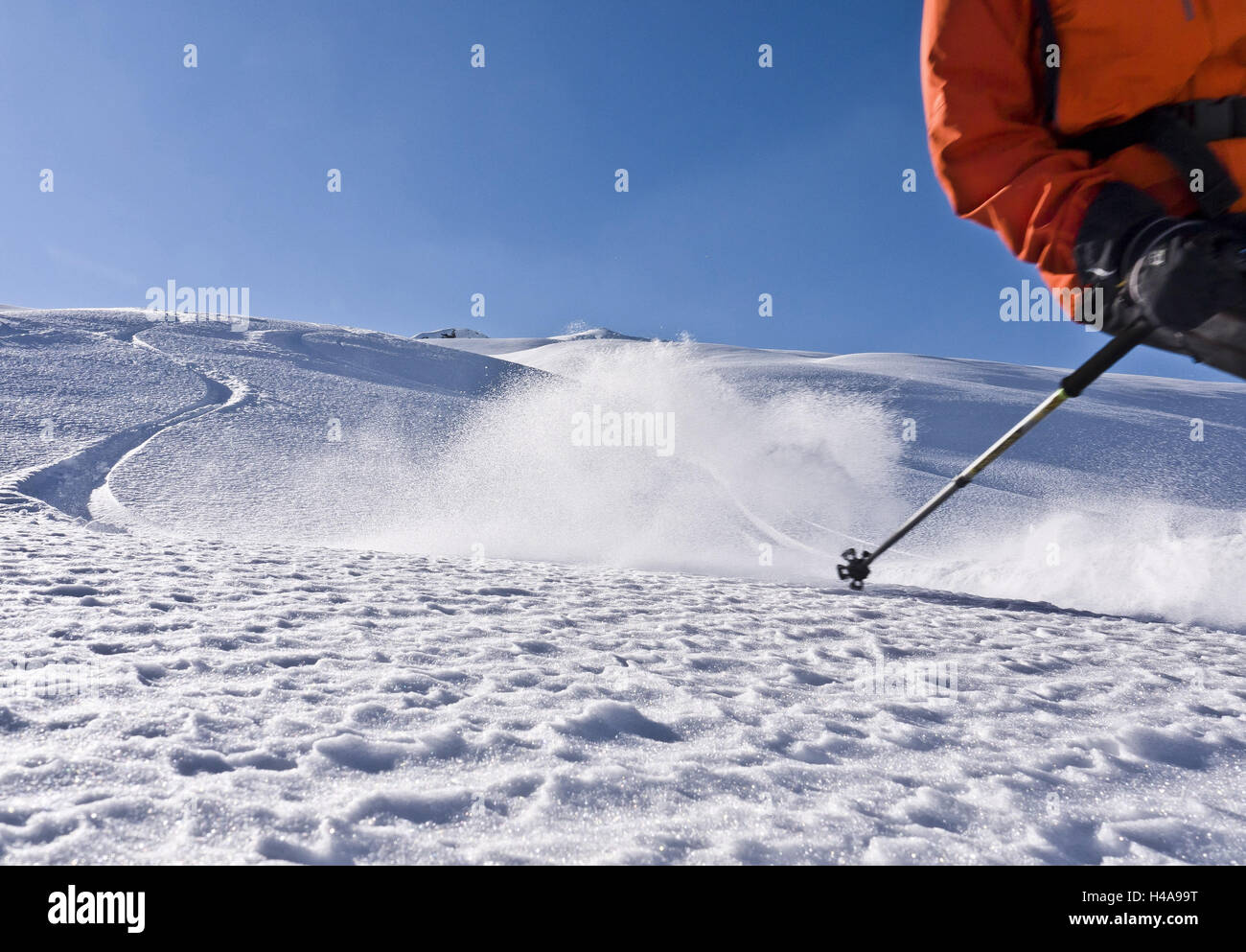 Sciatore ritagliata, polo sciistico, polveri di neve, traccia Foto Stock
