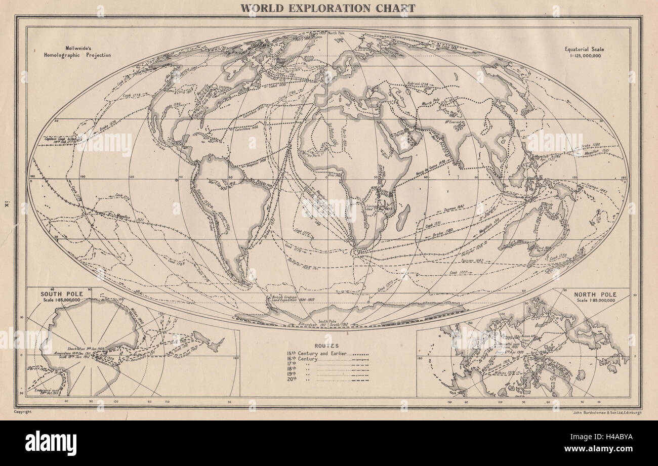 Esplorazione del mondo. Percorsi esploratori date secoli. Bartolomeo 1944 mappa vecchia Foto Stock