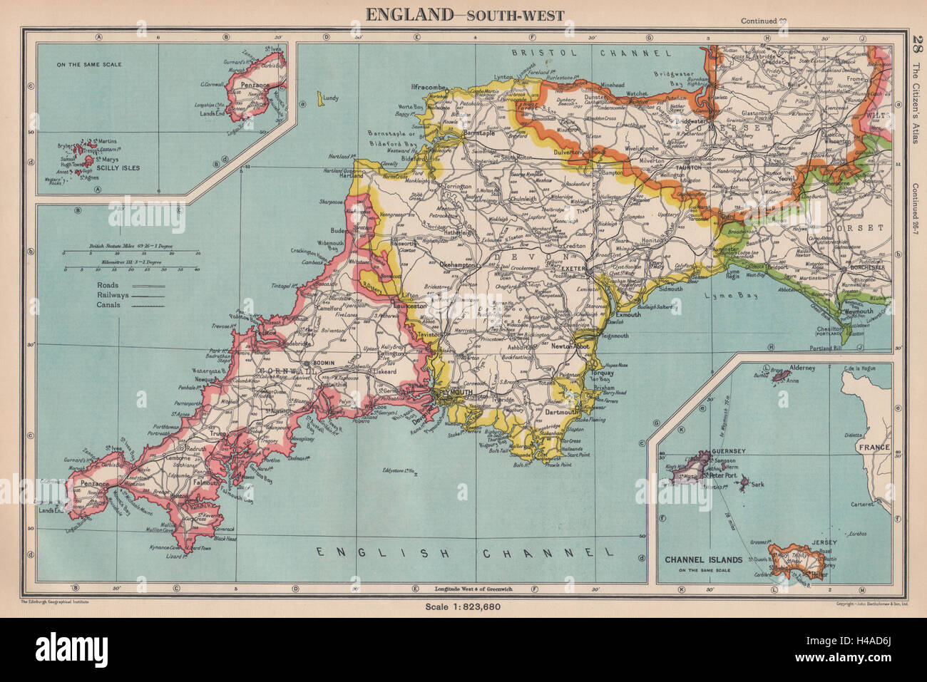 Il sud ovest dell'Inghilterra. Devon e Cornwall. Bartolomeo 1944 old vintage map chart Foto Stock