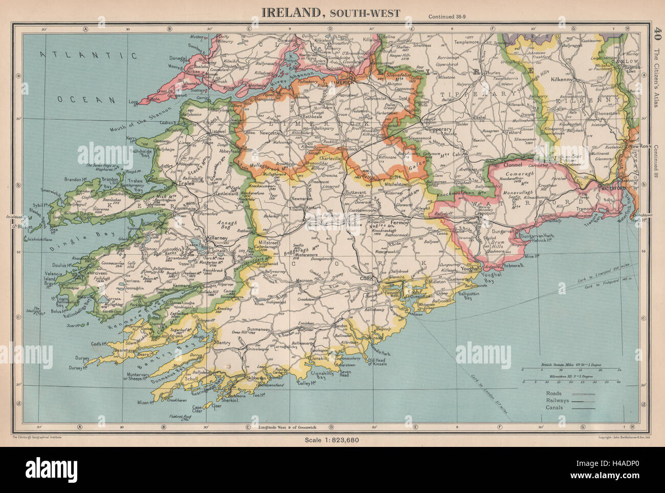 L'Irlanda sud-ovest. Munster. Cork Kerry Limerick Tipperary Waterford 1944 mappa Foto Stock