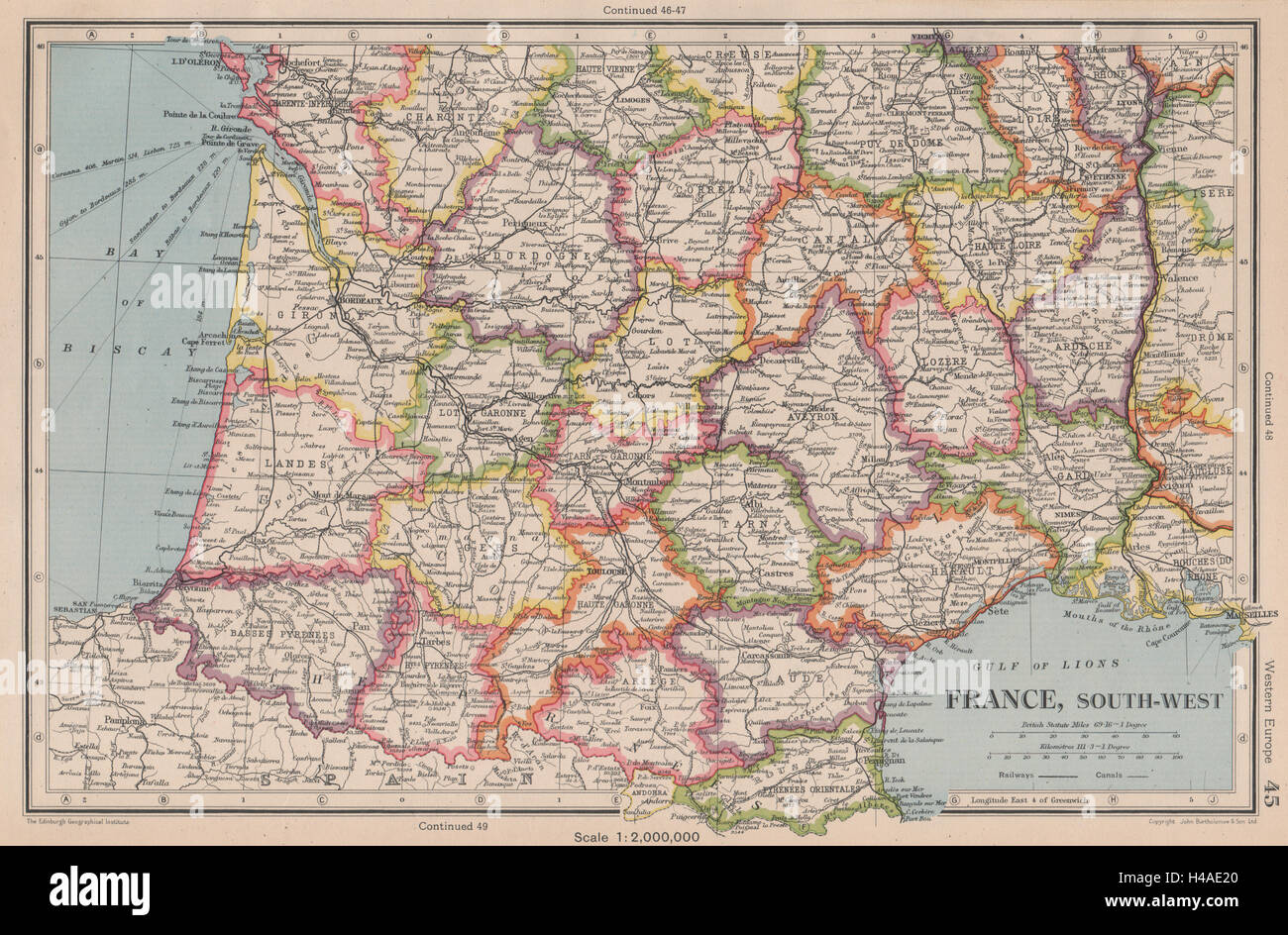Francia sud-ovest. I dipartimenti. Bartolomeo 1944 old vintage map piano grafico Foto Stock