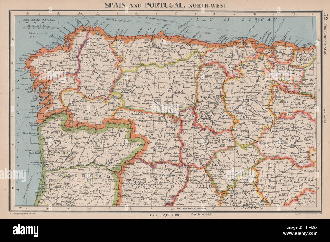 IBERIA Ovest n. Spagna Portogallo. Galicia Asturias Castilla e Leon Cantabria 1944 mappa Foto Stock