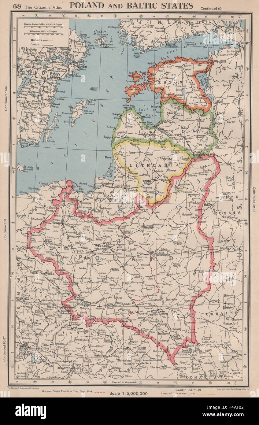 Polonia e Stati baltici. Mostra 1939 German-Soviet linea divisoria 1944 mappa vecchia Foto Stock