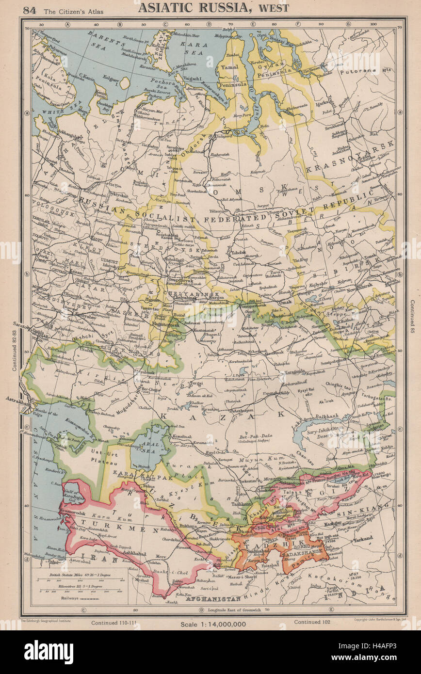 In ASIA CENTRALE. La Russia Kazak turkmeno Kirgiz uzbeko Tadzhik. Bartolomeo 1944 mappa Foto Stock