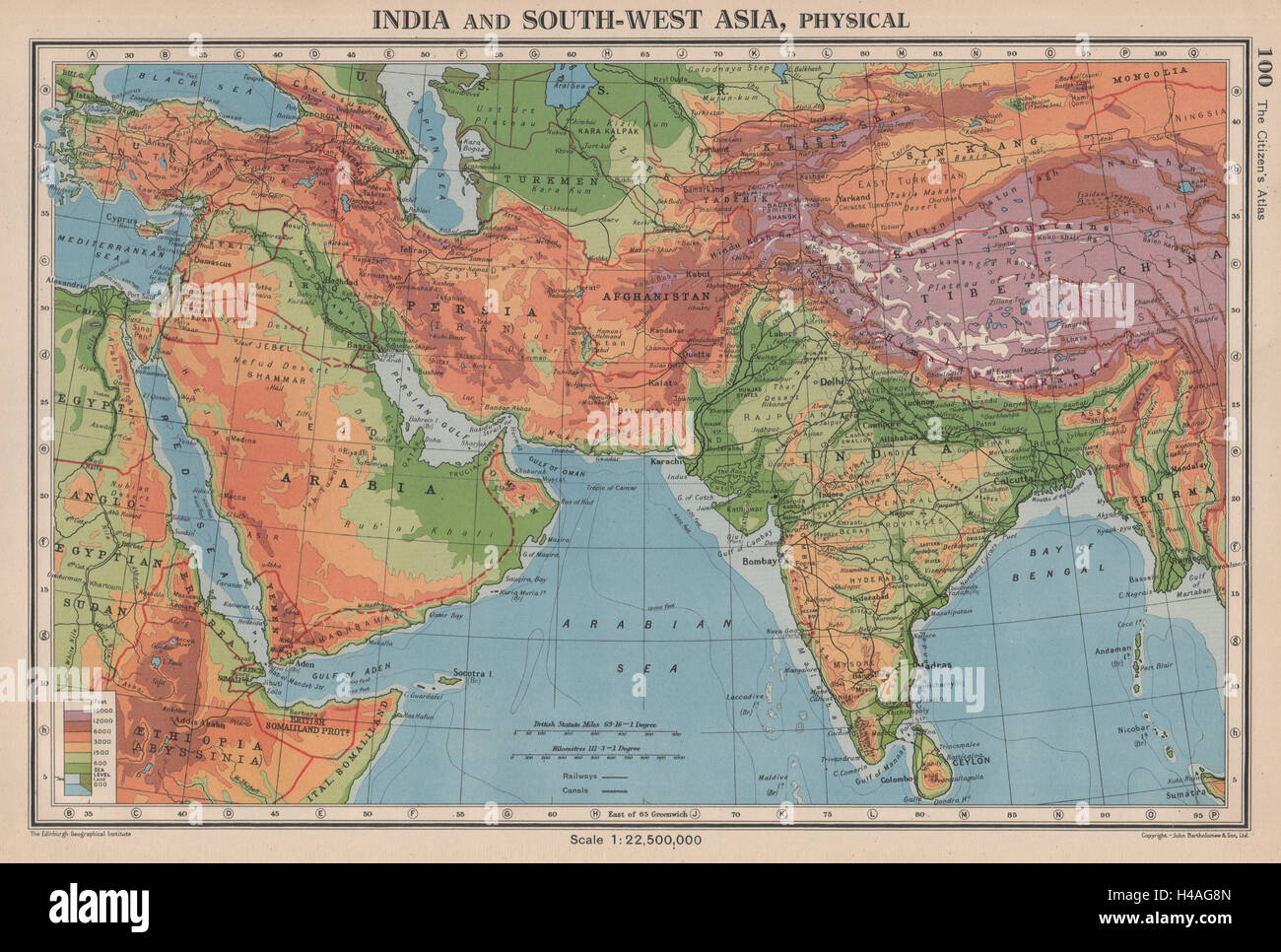 A sud e sud ovest asiatico. Fisica. Stazioni ferroviarie principali. Bartolomeo 1944 mappa vecchia Foto Stock