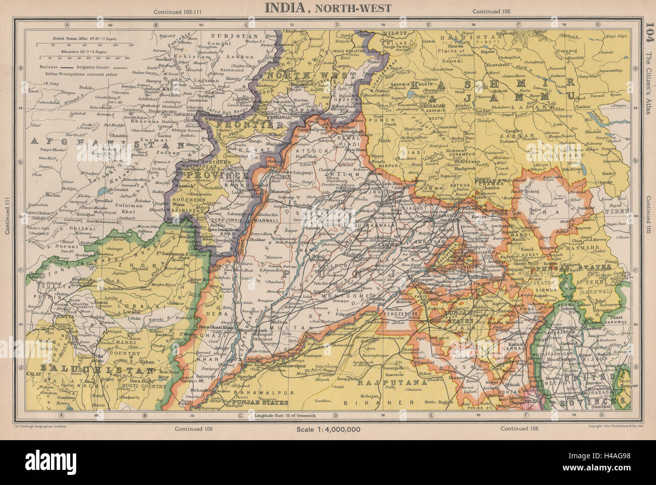INDIA britannica a nord-ovest. Frontiera NW Punjab Kashmir. Bartolomeo 1944 mappa vecchia Foto Stock
