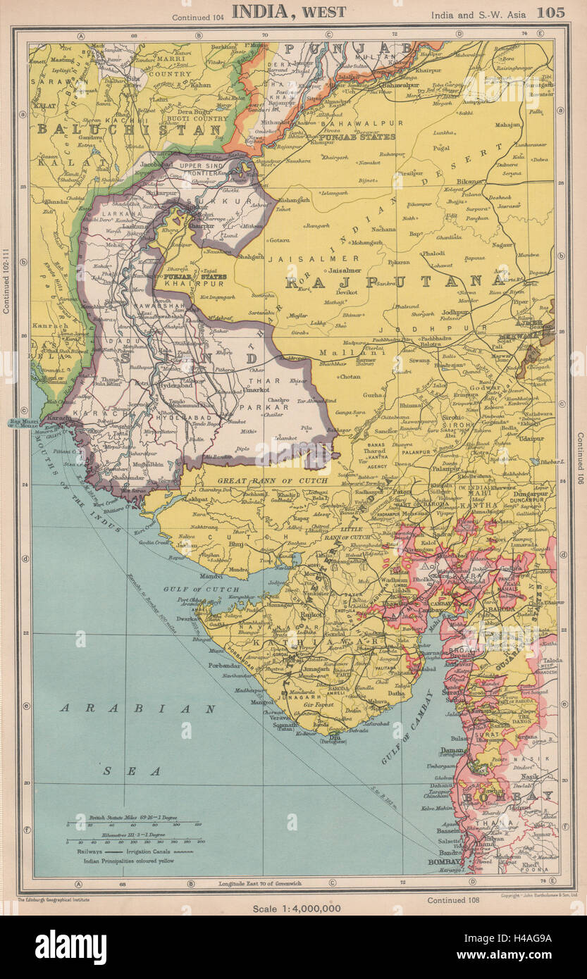 INDIA britannica a nord-ovest. Sind Rajputana Gujarat. Bartolomeo 1944 mappa vecchia Foto Stock