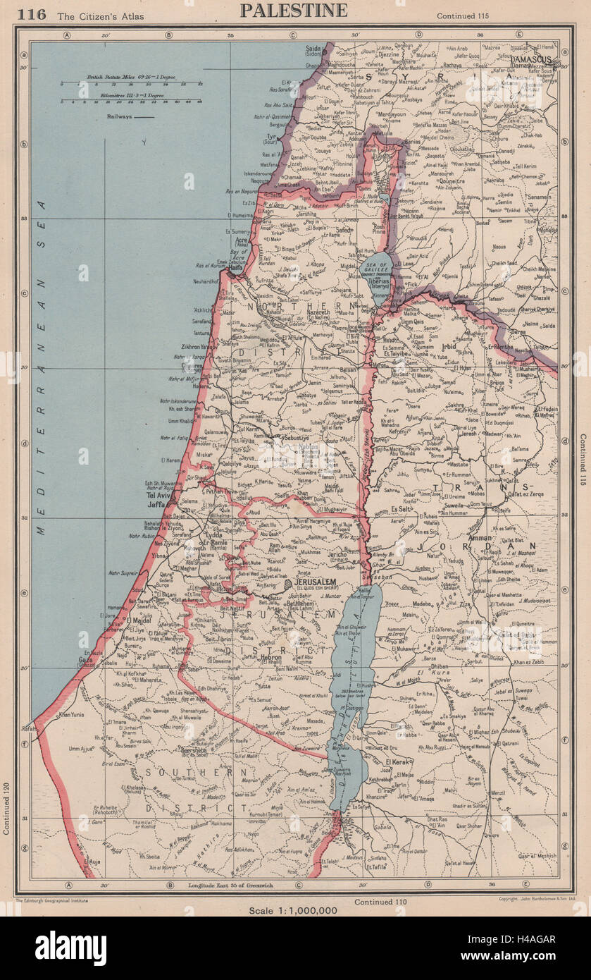 Palestina & TRANS-Giordania. Precede lo stato di Israele. Include Gaza 1944 mappa Foto Stock
