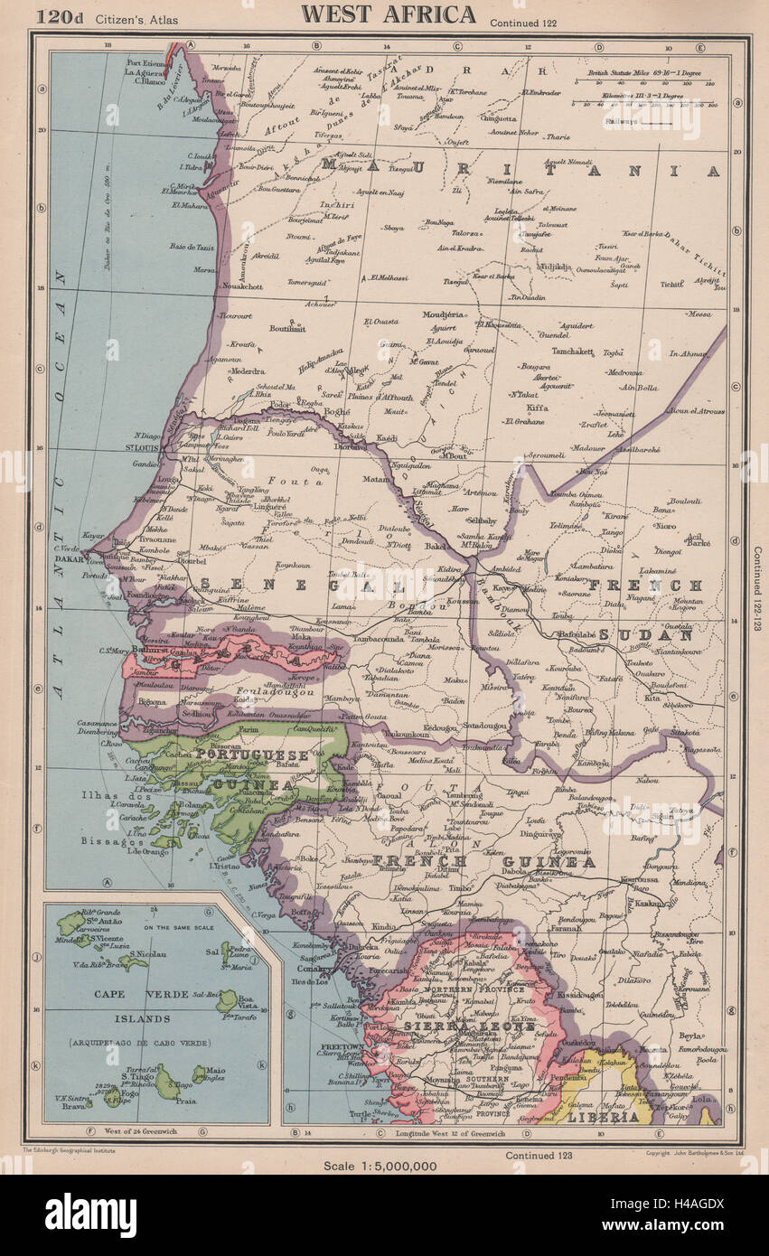 Capo Verde. Francese/Portoghese Gambia Guinea Senegal Sierra Leone 1944 mappa vecchia Foto Stock