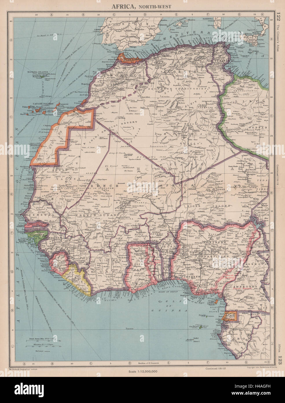L'Africa. French West Africa. Rio de Oro Rio Muni la Nigeria. Bartolomeo 1944 mappa Foto Stock