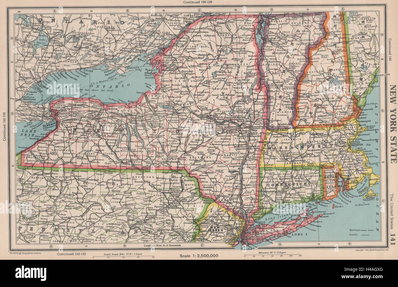 Lo stato di New York. + Connecticut Vermont Massachusetts RI. Bartolomeo 1944 mappa Foto Stock