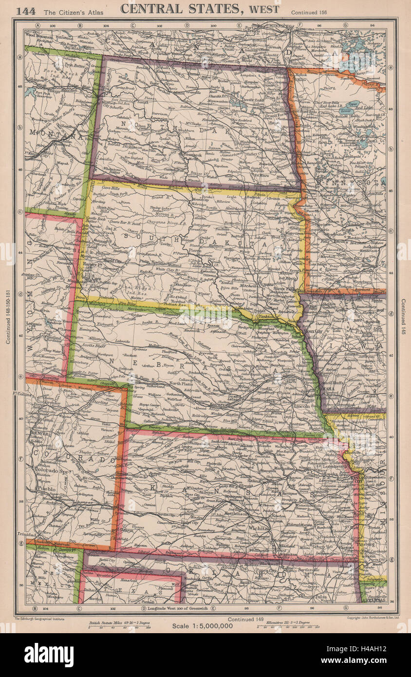USA le pianure membri. Nord e Sud Dakota Nebraska Kansas. Bartolomeo 1944 mappa Foto Stock