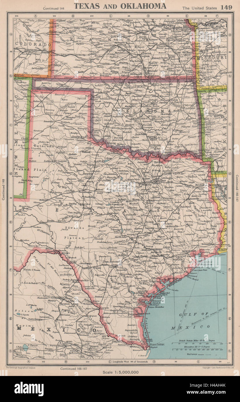 TEXAS e Oklahoma. USA la mappa di stato. Bartolomeo 1944 vecchio piano vintage chart Foto Stock