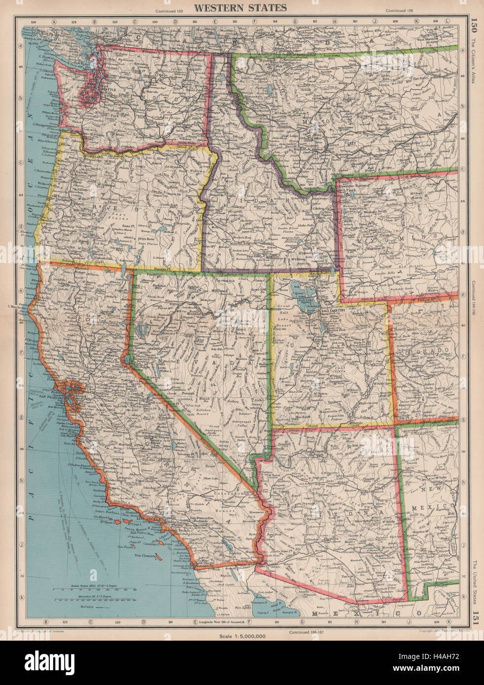Stati Uniti d'America Stati occidentali. California Washington WA ID NV AZ UT. Bartolomeo 1944 mappa Foto Stock
