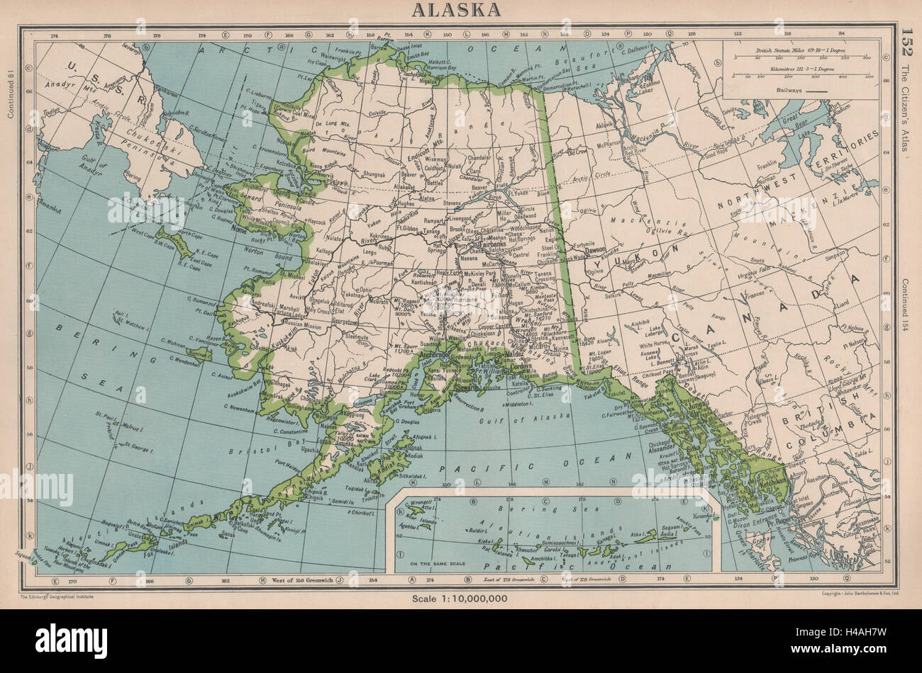 ALASKA. le ferrovie. Montagne. Bartolomeo 1944 old vintage map piano grafico Foto Stock