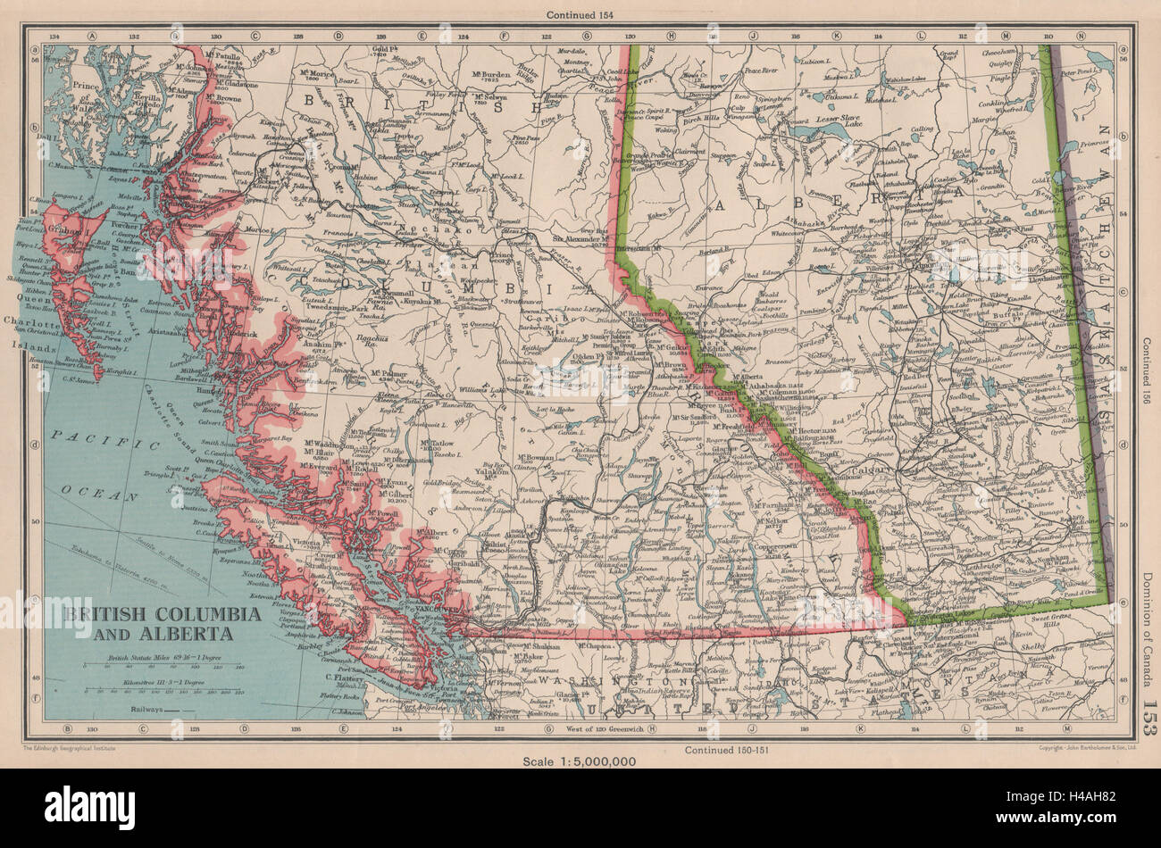 In Canada. La British Columbia e Alberta. Le ferrovie. Bartolomeo 1944 old vintage map Foto Stock