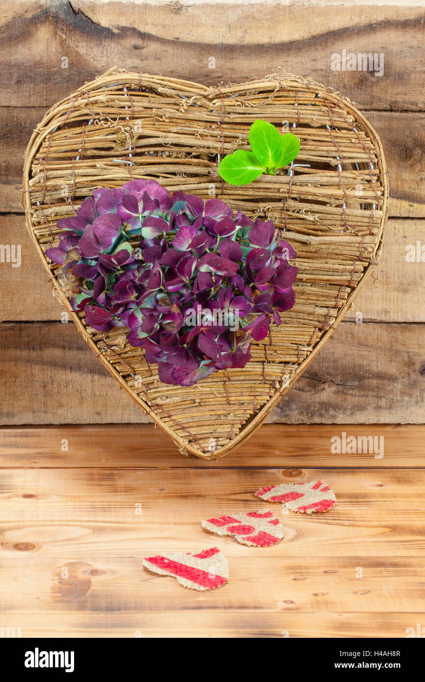 Cuore intrecciati di materiale naturale, ortensie Foto Stock