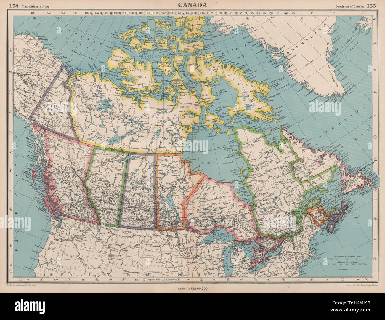 CANADA. mostra province & ferrovie. Bartolomeo 1944 old vintage map chart Foto Stock